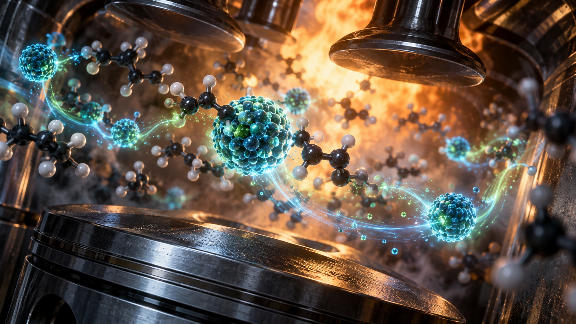 Illustration of SKE2 nanotechnology and fuel combustion inside an engine